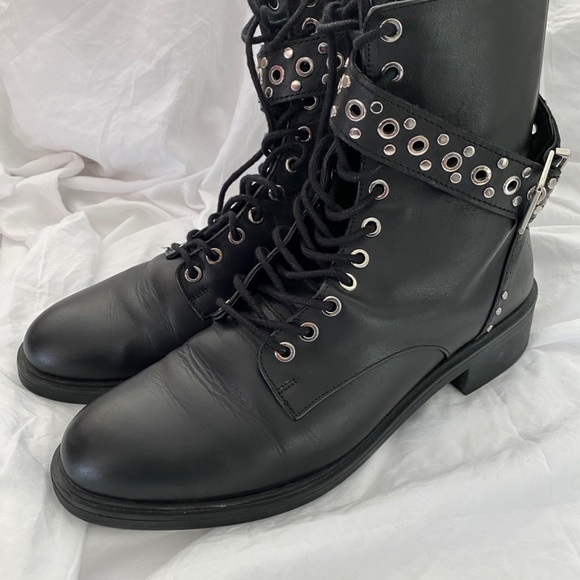 ZARA Trafaluc Black Leather Studded Combat Ankle Boots - Picture 4 of 8